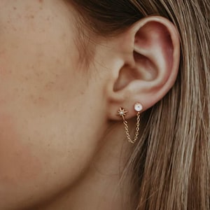 Moon and Star Double Piercing Earring Chain, Dainty Chain CZ Double Stud Earrings, Celestial Earrings, Gold North Star Studs, Connecting