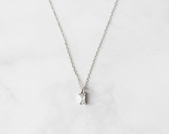 Sterling Silver Diamond Charm Necklace, CZ Baguette Necklace, Dainty Diamond Pendant, Tiny Layering Necklace, Bridesmaids Necklace Gift Set
