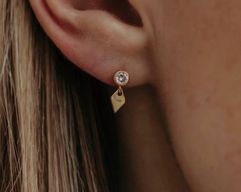 Dangle Stud Earring, Gold Dangling Earring, Single Earring Dangle, CZ Dainty Stud, Everyday Minimalist Earring Gift, CZ Diamond Drop Earring