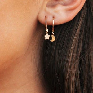 Hoop Earrings with Charm, Huggie Earring with Charm, Small Hoop Earring with Charm, Moon and Star Earrings, Celestial Earrings, Hoop Dangles