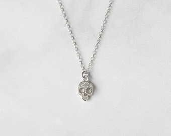 Silver Skull Necklace, Diamond Skull Pendant, Everyday Charm Necklace, CZ Diamond Skull Layering Necklace, Perfect Necklace Gift for Women