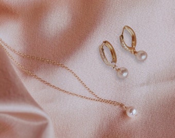 Pearl necklace earrings gift set, pearl hoop earrings, gold filled pendant necklace, simple bridal wedding necklace set, white round pearls