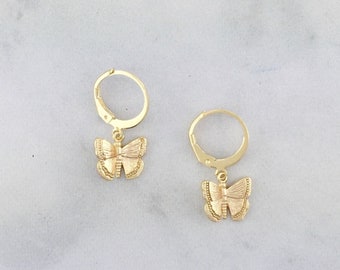 Butterfly Hoop Earrings, Butterfly Charm Earrings, Gold Charm Earrings, Mini Hoop Dangle Earrings, Small Hoop Earrings in 14k Gold-Filled
