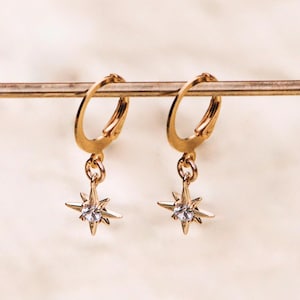 Star Hoop Earrings, 14k Gold Filled, Celestial Earrings, North Star Earrings, Starburst Huggie Earrings, Huggie Earrings with Charm