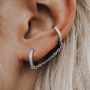 Double Piercing Earring, Double Hoop Earrings, Sterling Silver Chain Earrings, Sparkly CZ Double Hoops, Double Chain Huggie, Diamond Hoops image 1