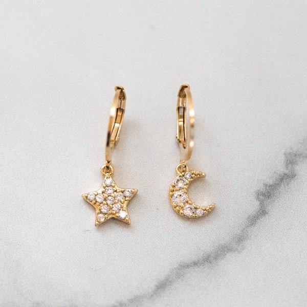 Star & Moon Huggie Earrings - Gold main image 0