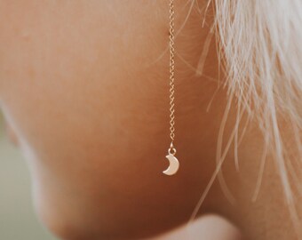 Moon Threader Earring, simple chain earring, celestial earring, Crescent Moon Chain Threader, Star Dangle Threader Earring Gift, Mismatched