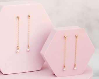 Long Chain Earrings with Pearl Dangles, 14k Gold Filled Stud Earrings, Dainty Chain Pearl Drop Studs, Bridal Party Pearl Earrings,