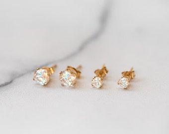 Diamond CZ Stud Earrings Set, 14k Gold Filled or Sterling Silver Stud Earrings, Dainty Diamond Studs for Everyday Wear, Small & Large Set