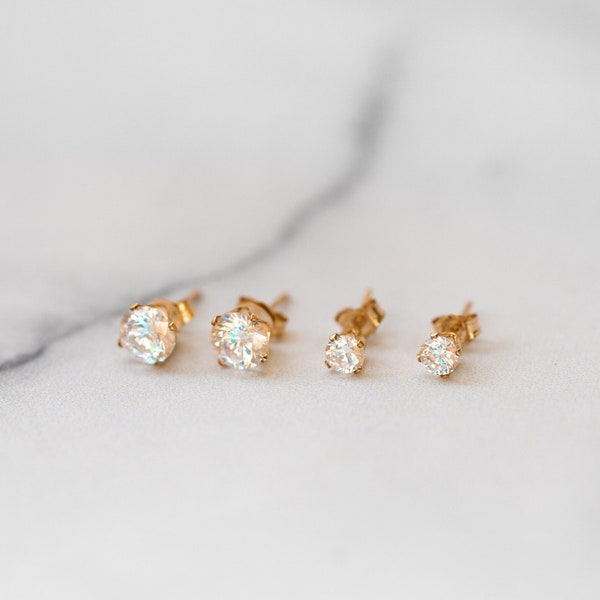 Diamond CZ Stud Earrings Set, 14k Gold Filled or Sterling Silver Stud Earrings, Dainty Diamond Studs for Everyday Wear, Small & Large Set