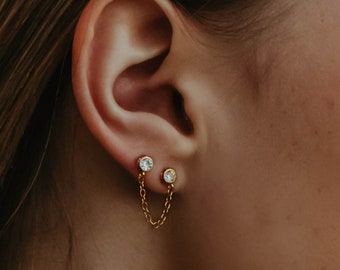 Double Piercing Earring Chain, Dainty Chain CZ Double Stud Earrings, Double Piercing Minimalist Earrings, Gold Filled Chain Studs, Connected