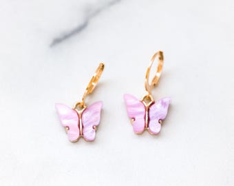 Lightweight Butterfly Earrings, Daily Wear Hoop, Gold Filled or Silver, Acrylic Charm Dangle, Pink Purple Blue Black White, Casual Jewelry
