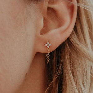 Diamond Chain Earrings, Stud Earrings with Dangling Chain, Diamond Flower Stud Chain Earrings, Dainty Earrings Gift , Chain Loop Earrings image 6