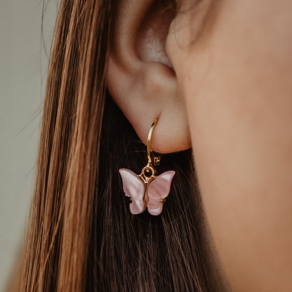 Butterfly Hoop Earrings, Gold Filled or Sterling Silver Hoops, Acrylic Pink Butterfly Charm Earrings, Small Butterfly Huggies in Light Pink