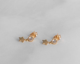 Star Dangle Stud Earring, Tiny Moon Star Dangle Stud Earring in Sterling Silver, Gold Solitaire CZ Charm Stud, Starburst Dangle Diamond Stud