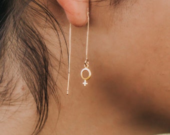 Feminist Earrings, Female Symbol Earrings, Venus Symbol Ear Threaders, Chain Earring Dangles, Gold Charm Threaders, Gift For Daughter