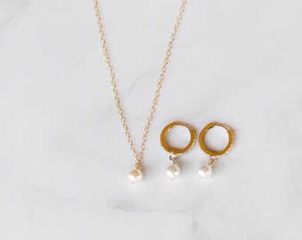 Pearl necklace earrings gift set, pearl hoop earrings, gold pearl pendant necklace, simple bridal wedding necklace set, white round pearls