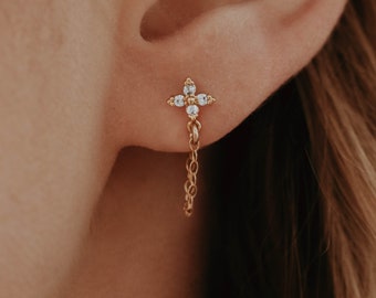 Diamond Chain Earrings, Stud Earrings with Dangling Chain, Diamond Flower Stud Chain Earrings, Dainty Earrings Gift , Chain Loop Earrings