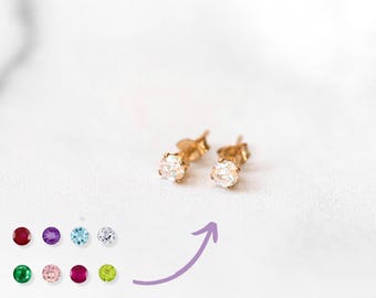 Birthstone Stud Earrings, 14K Gold Filled CZ Studs, Birthday Gift for Her, Dainty Everyday Studs, Hypoallergenic Earring for Sensitive Ears