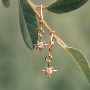 North Star Huggie Earrings, CZ Diamond Dangle 14k Gold Filled Hoop, Celestial Charm Huggie Hoops, Star Charm Earrings, Minimalist Ear Stack