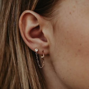 Double Piercing Earring, CZ Stud and Hoop with Chain, Dainty Chain CZ Double Earring, Connected Huggies and Stud with Chain