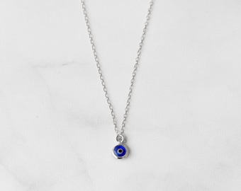 Evil Eye Necklace Sterling Silver, Blue Evil Eye Dainty Charm Necklace, Tiny Protection Necklace, Everyday Layering Necklace Gift for Women