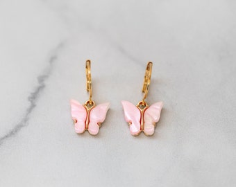 Butterfly Hoop Earrings, Gold Filled or Sterling Silver Hoops, Acrylic Pink Butterfly Charm Earrings, Small Butterfly Huggies in Pink, Set