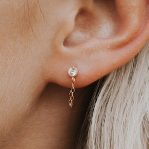 Chain Earrings, Gold Chain Loop Stud, Diamond Chain Earrings, Minimalist Earrings Gift for Her, Dainty Chain cz Gold Studs, Everyday Earring image 1