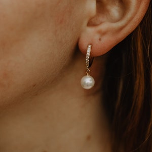 Pearl Hoop Earrings, Dainty CZ Huggie Hoops with Pearl Dangles, Gold CZ Pearl Drop Hoops, Bridesmaid Pearl Earrings Gift, Gift For Wife,