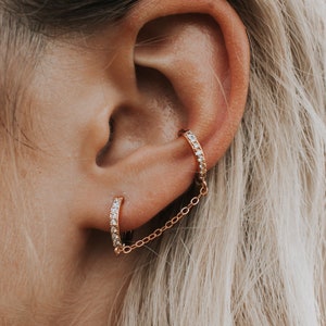 Double Piercing Earring, Double Hoop Earrings, Sterling Silver Chain Earrings, Sparkly CZ Double Hoops, Double Chain Huggie, Diamond Hoops image 4