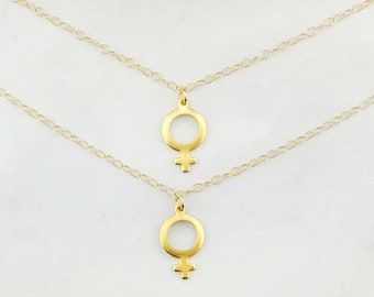 Female Symbol Gold Necklaces, Set Of Two, Venus Symbol Charm Necklaces, Dainty Layering Necklaces, Feminist Jewelry, Empowerment Pendant