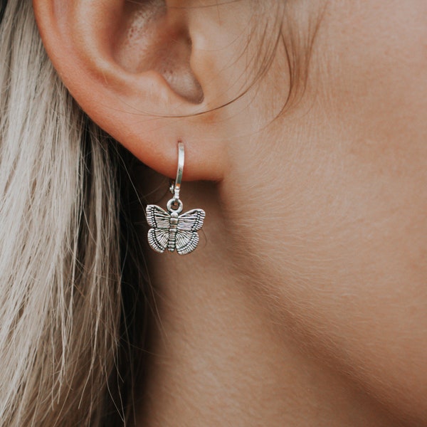 Butterfly Hoop Earrings, Butterfly Charm Earrings, Silver Charm Huggie Hoops, Mini Hoop Dangle Earrings, Small Hoop Earrings with Butterfly