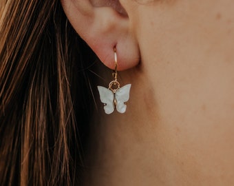 Butterfly Hoop Earrings, Gold Filled or Sterling Silver Hoops, Acrylic White Butterfly Charm Earrings, Small Butterfly Huggies in White