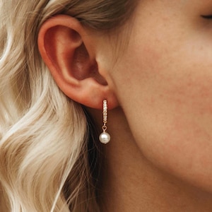 Gold Pearl CZ Hoops, Diamond Pearl Huggie Earrings, Bridal Party Pearl Hoops Set, Dainty Everyday Pearl Dangles, Bridesmaid Gift For Her