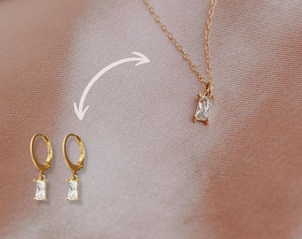 14k Gold Filled Huggie Earrings with Diamond Baguette Dangle, Diamond CZ Layering Necklace, Dainty Hoops & Necklace Set, Perfect Jewelry Set