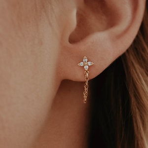 Diamond Chain Earrings, Stud Earrings with Dangling Chain, Diamond Flower Stud Chain Earrings, Dainty Earrings Gift , Chain Loop Earrings