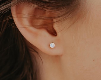 Dainty Opal Studs, 14k Gold Filled Earring, Everyday White Opal Earrings, Tiny Opalite Earrings, Bridal Party Earring Gift, Birthstone Gift