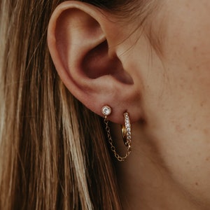 Double Piercing Earring, Diamond Stud & Gold Hoop w/ Chain, Dainty Chain CZ Double Earring, Connected Huggies and Stud, Diamond Huggie Chain