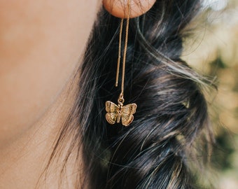 Butterfly Threader Earrings, Butterfly Chain Dangle Earrings, 14k Gold Filled Butterfly Long Drop Chain Earrings, Butterflies Ear Threader