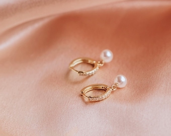 CZ Diamond Huggie Hoops with Pearl Dangle, Leverback Earrings, Bridal Party Gift, Gold or Silver, Bulk Pearl Earrings Gift Sets, Dainty gift