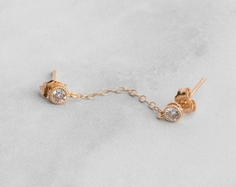 Double Piercing Earring Chain, Dainty Chain CZ Double Stud Earrings, Two Piercing Minimalist Diamond Chain Studs, Everyday CZ Earring Set
