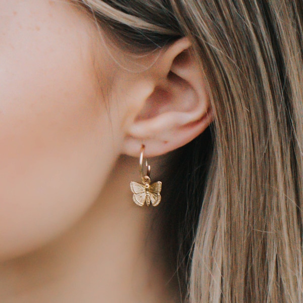 Butterfly Earrings, Butterfly Charm Hoop Earrings, Small Butterfly Huggies, Mini Hoop Dangle Earrings, Hoop Earrings in 14k Gold-Filled