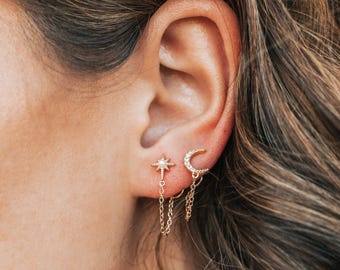 CZ Moon Chain Earrings | Diamond Crescent Moon Stud Chain Drop | Sterling Silver or 18k Gold Vermeil | Dainty Everyday Celestial Earrings