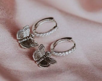 Silver Butterfly Huggie Earrings, CZ Diamond Hoops with Butterfly Dangle, Delicate Silver Hoop Earrings, Dainty Jewelry Gift for Everyday