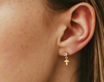 Cross Dangle Earrings, Diamond Stud Earrings, Gold Simple Earrings for Her, Dainty Cross CZ Diamond Earring, Single Stud Earring with Charm