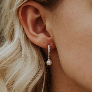 Gold Pearl Hoop Diamond Earrings, Pearl Huggie Earrings, Small Pearl Dangle Hoops, CZ Mini Hoops with Pearl Charms, Bridesmaid Gift For Her image 6
