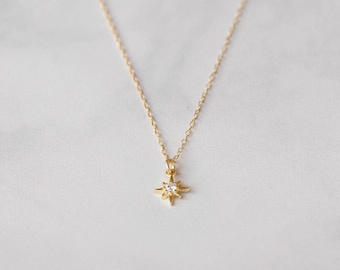 Dainty Star Charm Necklace, Celestial tiny Necklace, 14k Gold filled Diamond North Star Pendant Necklace, Gift For Best Friend, Layering
