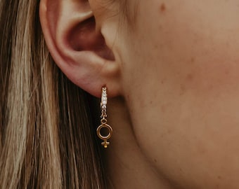 Feminist Earrings, Female Symbol Hoop Earrings, Venus Symbol Huggies, Feminist Earring Dangle, Lesbian Gold Charm Hoops, Diamond Hoops