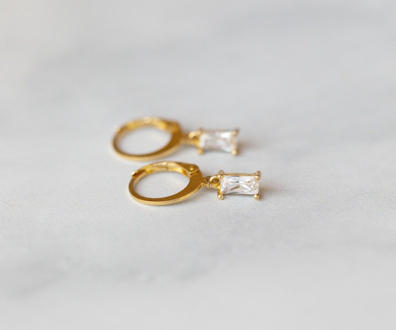 Bridal Party Gold Filled Mini Huggie Hoops with CZ Baguette Dangles, Bridesmaid Hoop Earrings with CZ Cubic Charms, Diamond Drop Hoops Gift image 3