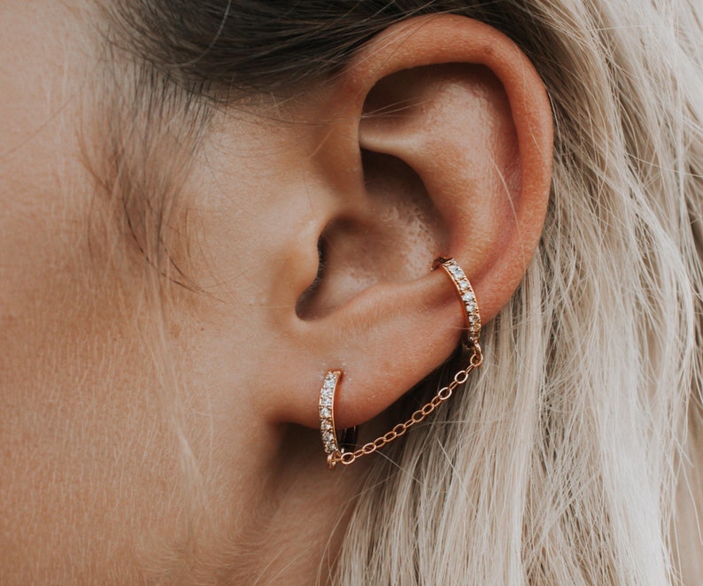 Double Piercing Earring, Double Hoop Earrings, Sterling Silver Chain Earrings, Sparkly CZ Double Hoops, Double Chain Huggie, Diamond Hoops image 4